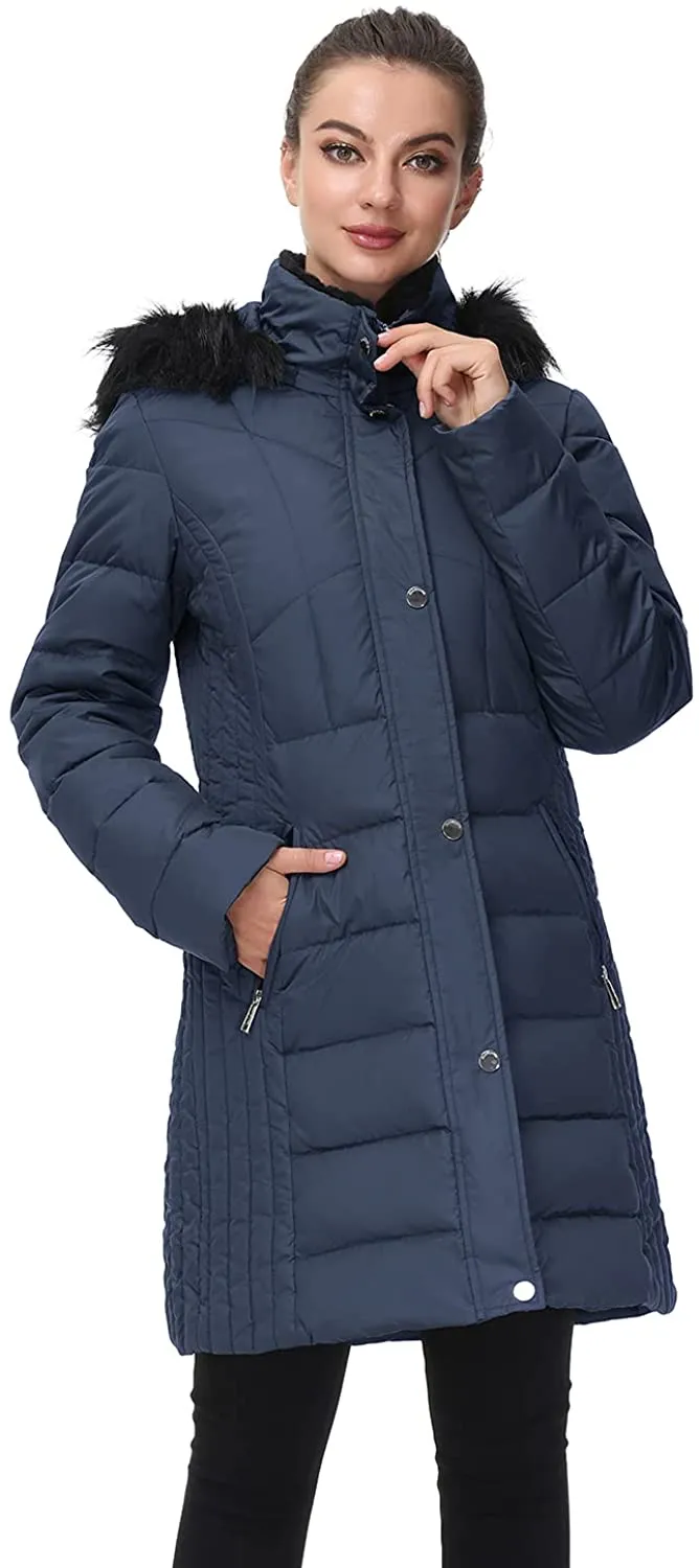 Women Hooded Winter Down Coat Long Puffer Outwear with Faux Fur Hood