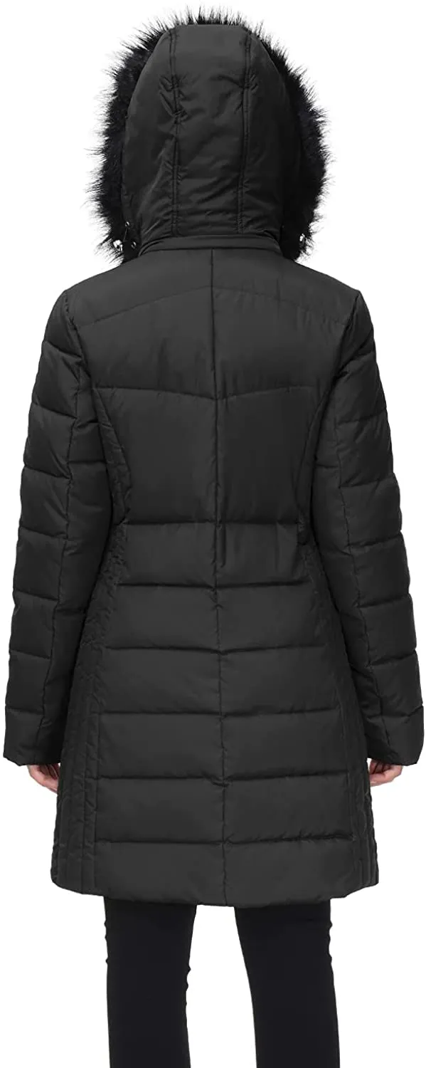 Women Hooded Winter Down Coat Long Puffer Outwear with Faux Fur Hood