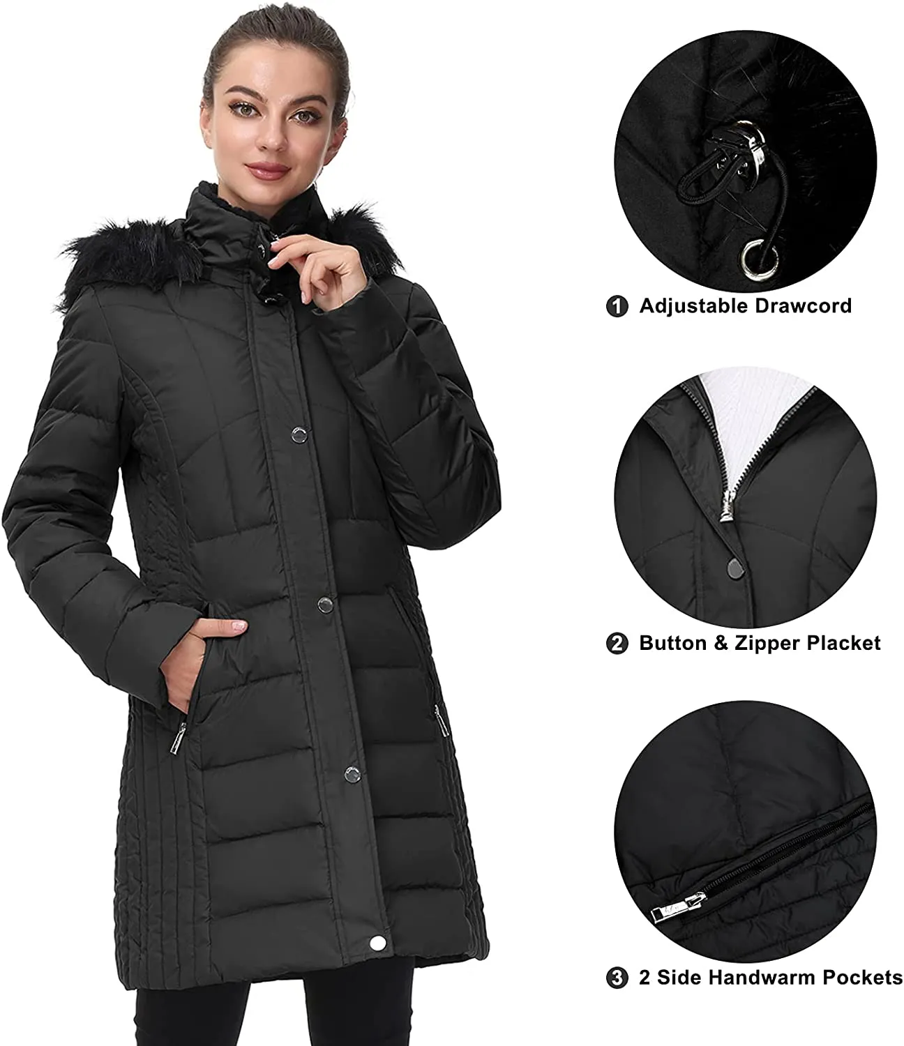 Women Hooded Winter Down Coat Long Puffer Outwear with Faux Fur Hood