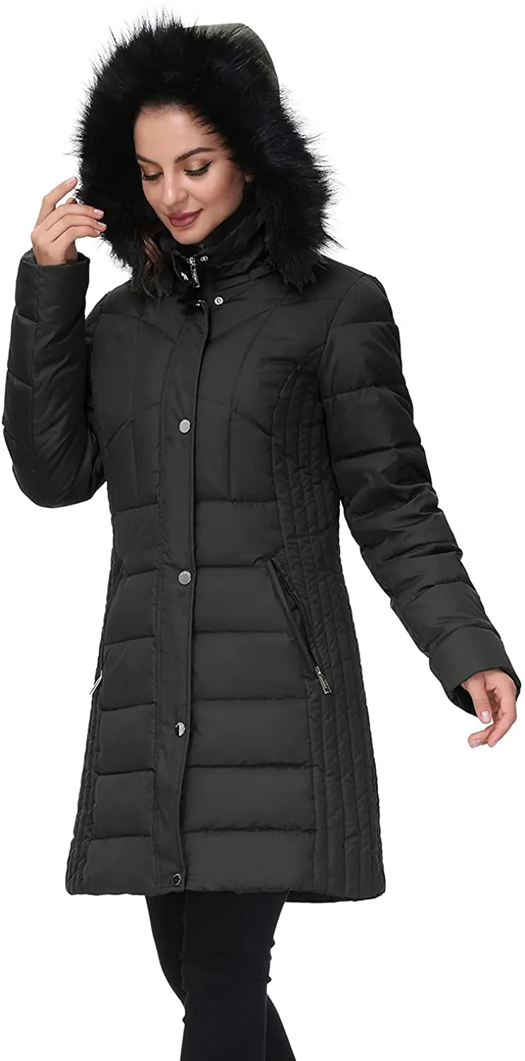Women Hooded Winter Down Coat Long Puffer Outwear with Faux Fur Hood