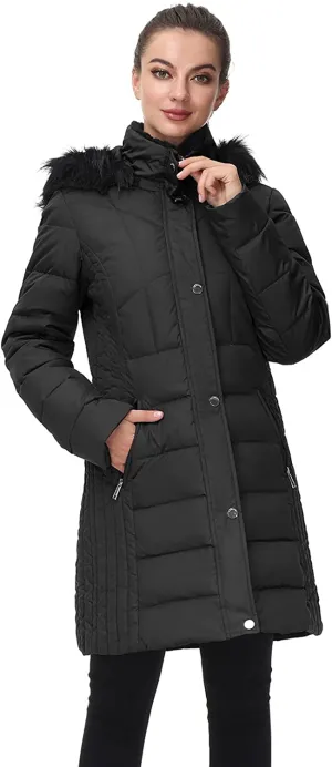 Women Hooded Winter Down Coat Long Puffer Outwear with Faux Fur Hood
