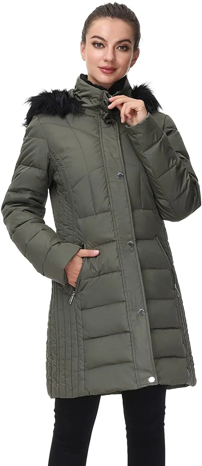 Women Hooded Winter Down Coat Long Puffer Outwear with Faux Fur Hood