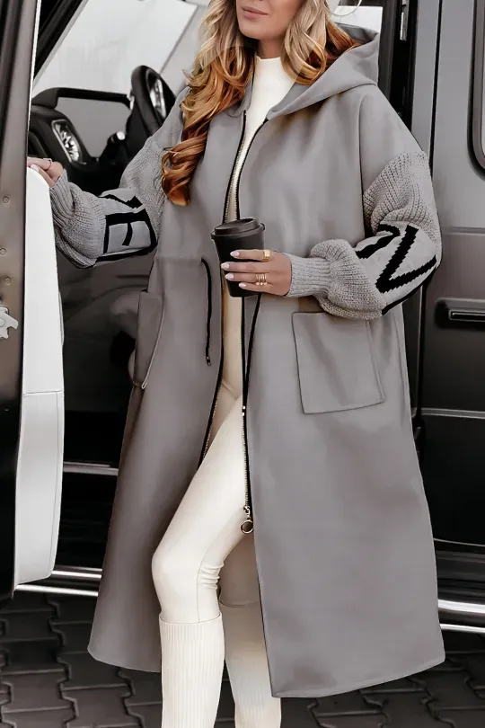 Women's Casual Hooded Jacket With Long Knitted Sleeves And Patchwork Design | Ideal for Autumn/Winter