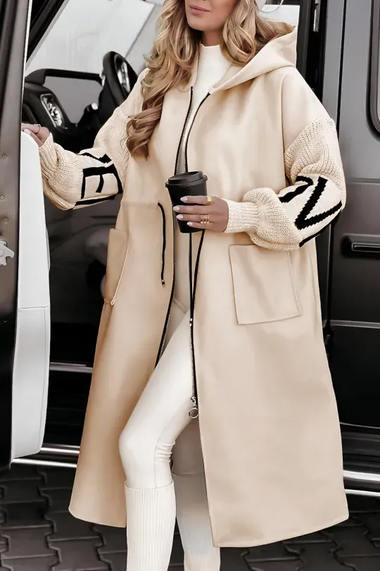 Women's Casual Hooded Jacket With Long Knitted Sleeves And Patchwork Design | Ideal for Autumn/Winter