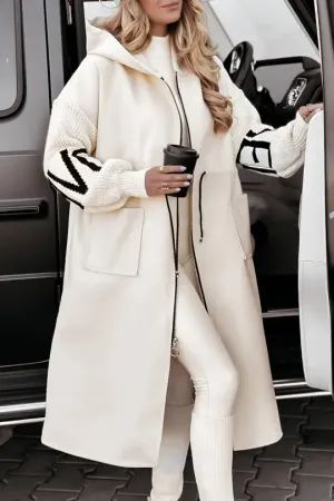 Women's Casual Hooded Jacket With Long Knitted Sleeves And Patchwork Design | Ideal for Autumn/Winter