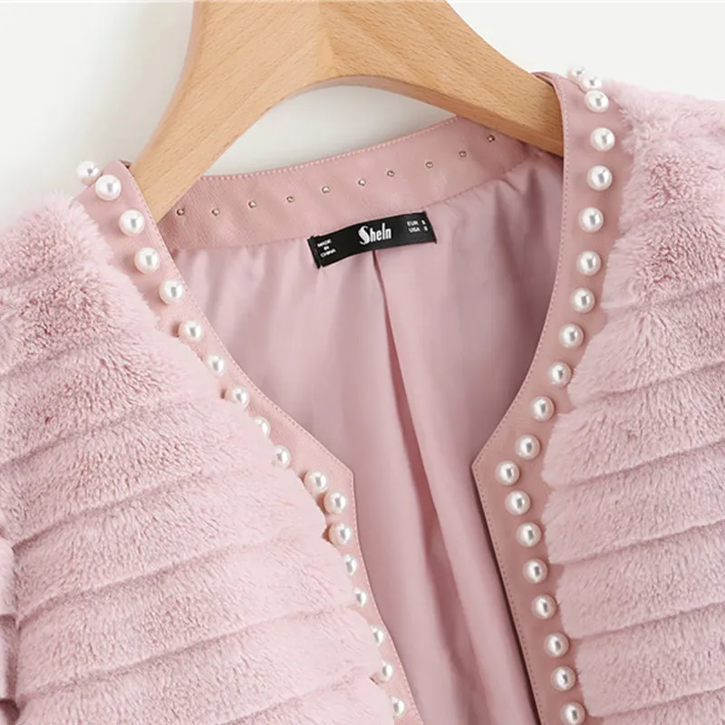 Women's Winter Collarless Faux Fur Coat With Pearl