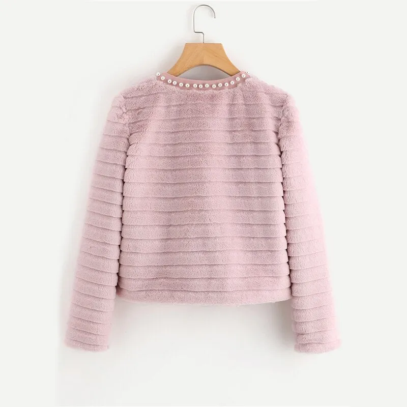 Women's Winter Collarless Faux Fur Coat With Pearl
