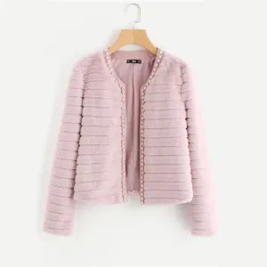 Women's Winter Collarless Faux Fur Coat With Pearl