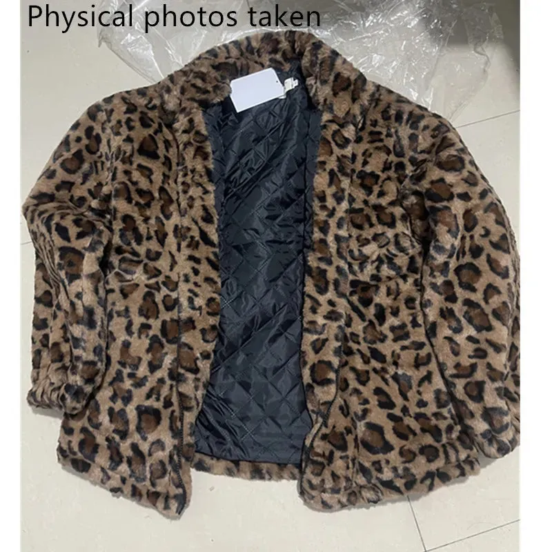 Women's Winter Leopard Pattern Print Jacket Stand Up Collar Loose Faux Fur Coat