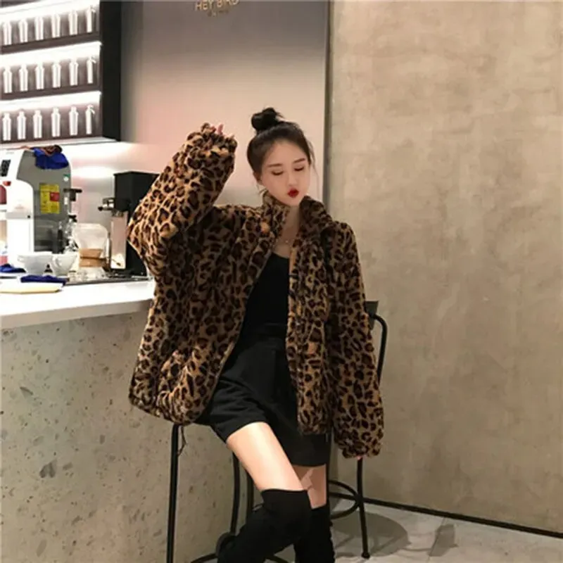 Women's Winter Leopard Pattern Print Jacket Stand Up Collar Loose Faux Fur Coat