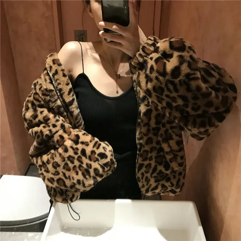 Women's Winter Leopard Pattern Print Jacket Stand Up Collar Loose Faux Fur Coat