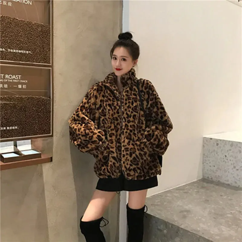 Women's Winter Leopard Pattern Print Jacket Stand Up Collar Loose Faux Fur Coat
