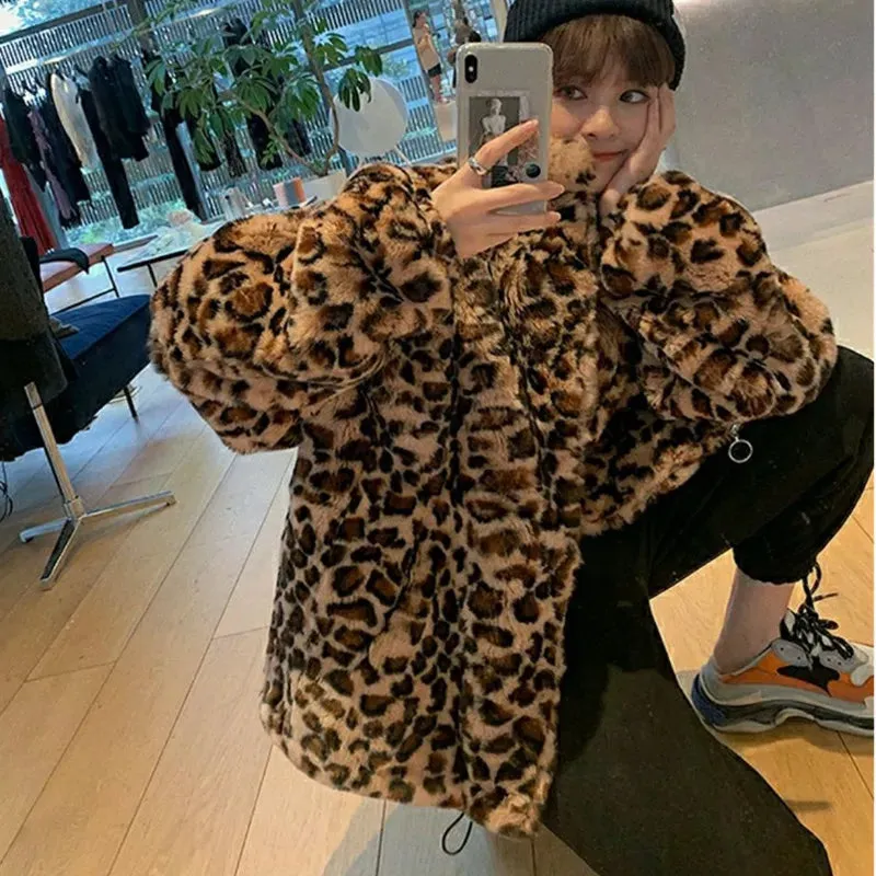 Women's Winter Leopard Pattern Print Jacket Stand Up Collar Loose Faux Fur Coat
