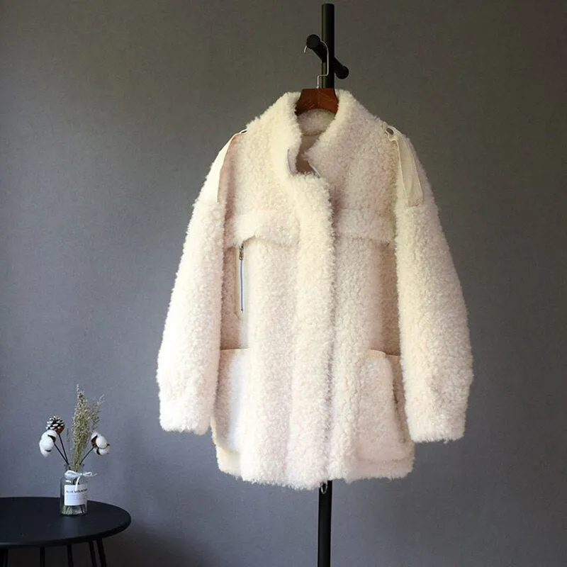 Women's Winter Woven Wool O-Neck Coat With Pockets