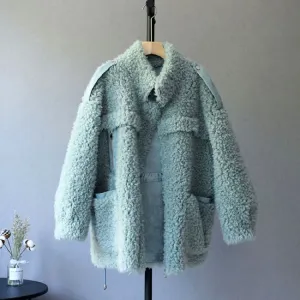 Women's Winter Woven Wool O-Neck Coat With Pockets