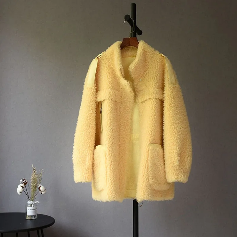 Women's Winter Woven Wool O-Neck Coat With Pockets