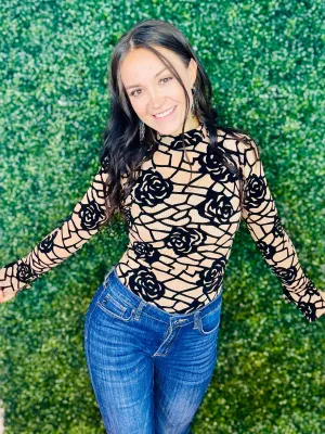 Woodforrest Roses Velvet Long Sleeve Bodysuit