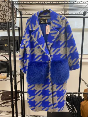 Wool Coat with Fox Fur Pockets in  Grey Blue - AWL3998